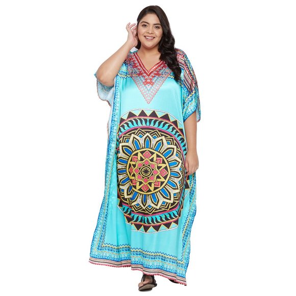 Women Plus Size Turquoise Satin Kaftan Maxi Dress Long Caftan by Gypsie Blu - Picture 3 of 8
